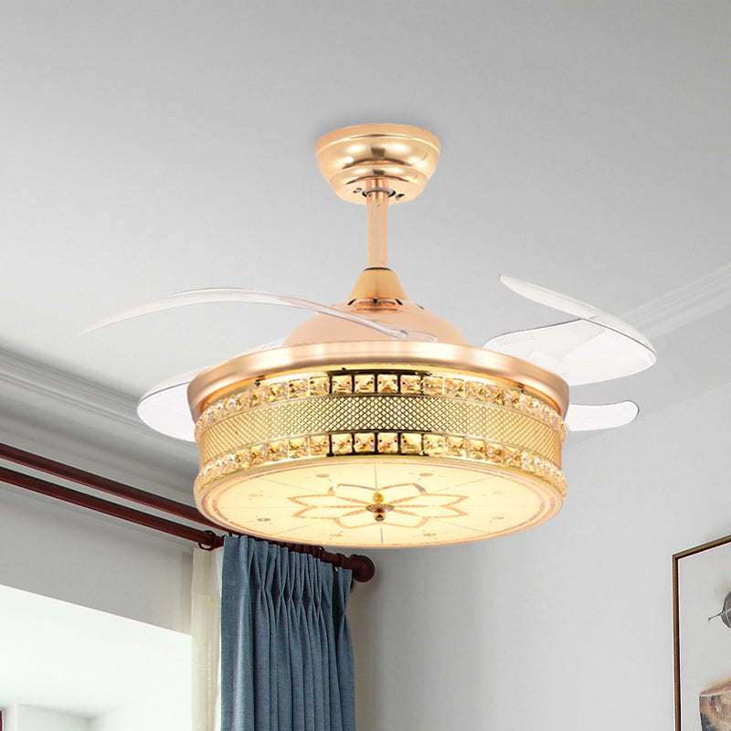 Snijd Crystal Gold Semi Flush Mount Light Drum 4 Blades 42,5 "brede modernistische LED -plafondventilator