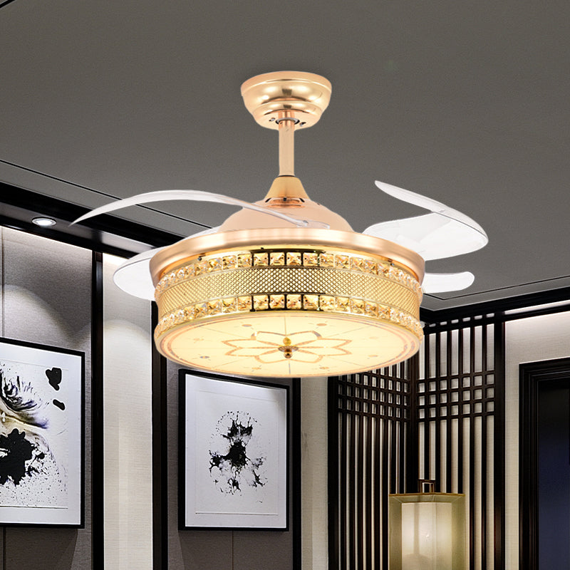 Snijd Crystal Gold Semi Flush Mount Light Drum 4 Blades 42,5 "brede modernistische LED -plafondventilator