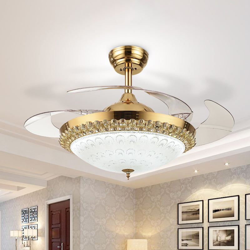 3-Blade-LED-Lüfterleuchte minimalistische Wohnzimmer halb Flush Deckenleuchte mit Schüssel Kristallschatten, 42,5 "breit