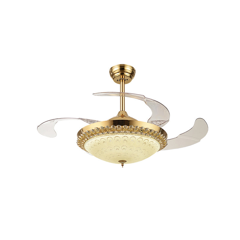 3-Blade-LED-Lüfterleuchte minimalistische Wohnzimmer halb Flush Deckenleuchte mit Schüssel Kristallschatten, 42,5 "breit