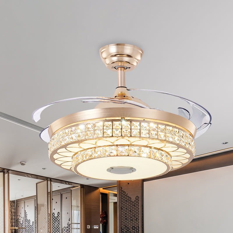 2 niveaus salon led plafondventilator licht modern kristal 3 bladen gouden semi -spoelbevestiging, 42,5 "breed