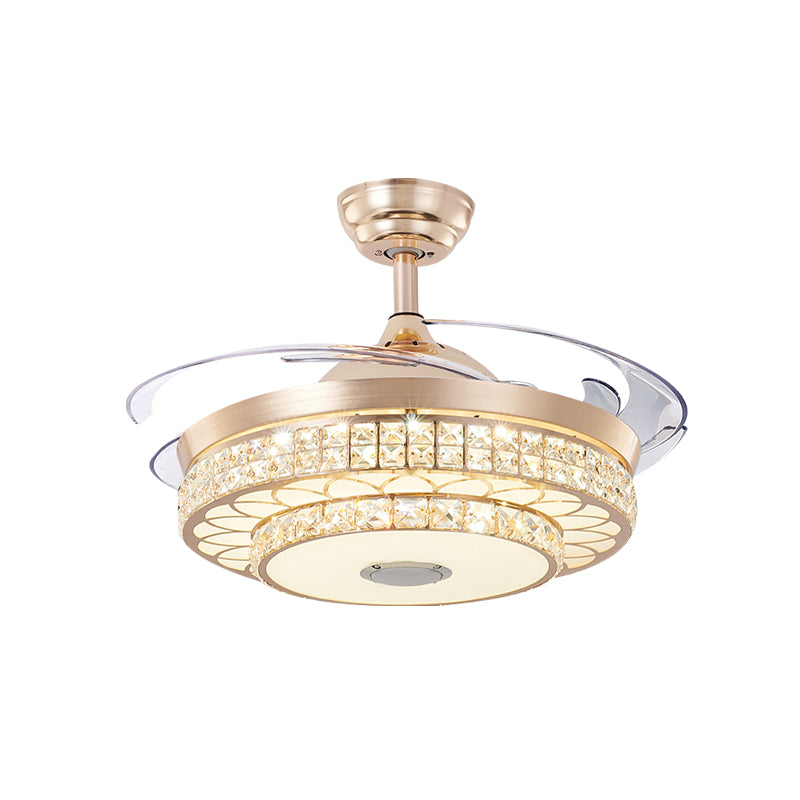 2 niveaus salon led plafondventilator licht modern kristal 3 bladen gouden semi -spoelbevestiging, 42,5 "breed