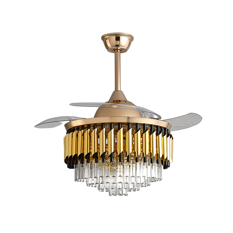 Gelaagde kristal zwart/gouden plafondventilator taps toelopende trommel 3-blade postmoderne LED semi-flush light, 42,5 "breedte