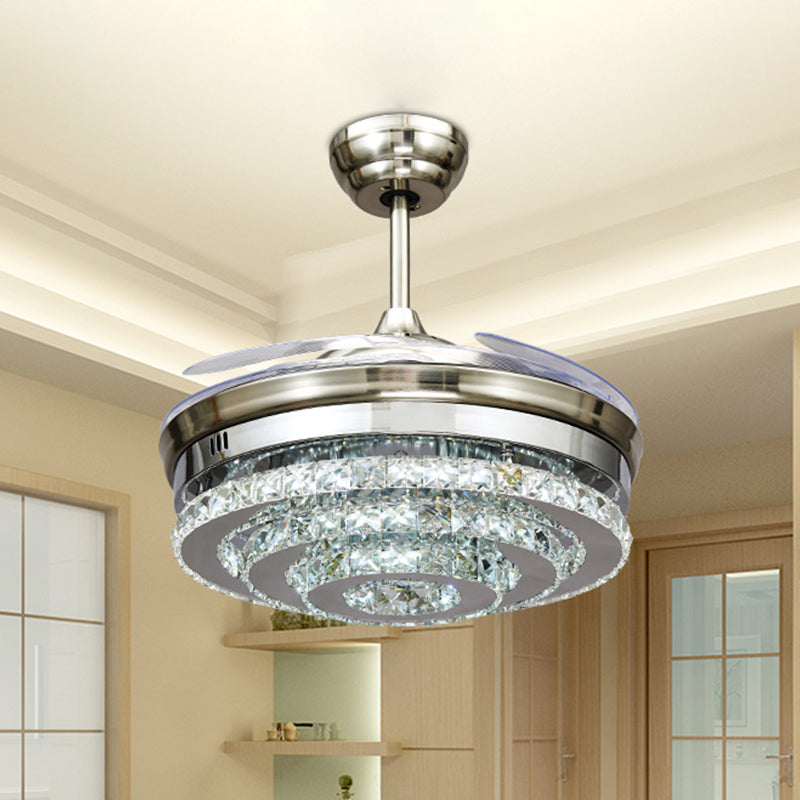 Chrom 3-Ring Flush Mount Deckenventilator Moderner Kristall 4 Blades Salon LED SEMI-FLUSH MOUNT LICHT, 42,5 "W.