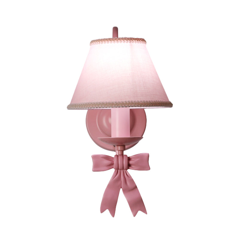 1/2-Light Bedroom Wall Mounted Light Macaron Pink Finish Bow Wall Lamp with Conic Fabric Shade