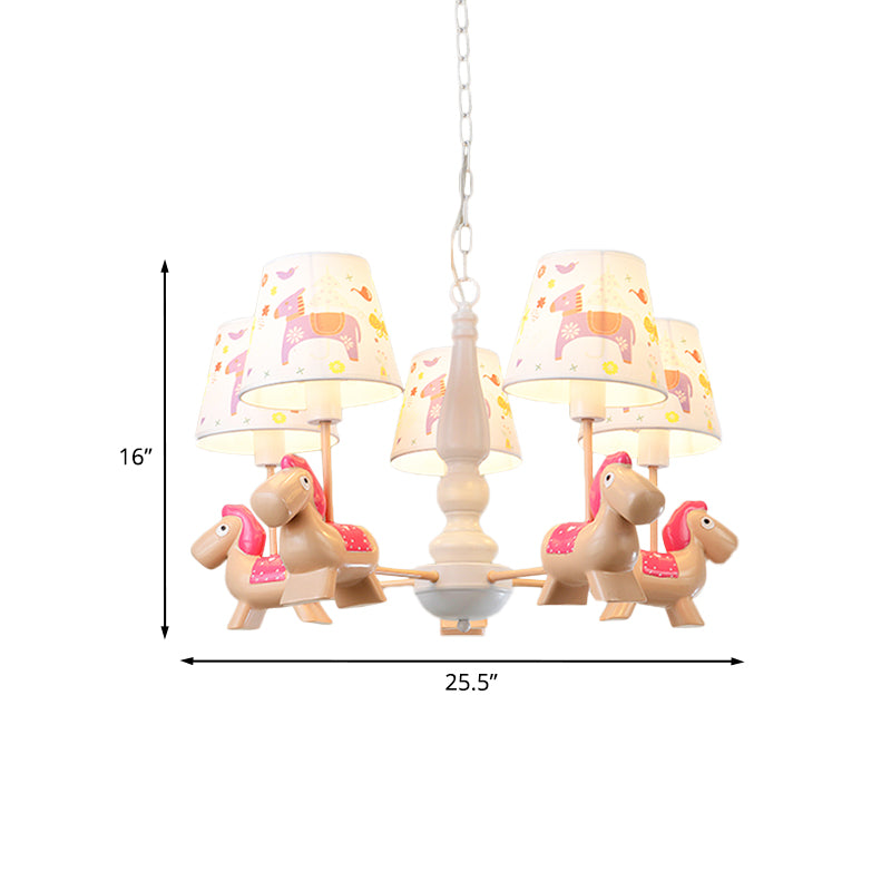 Barrel Hanging Chandelier Cartoon Fabric 5-Head White Finish Radial Pendant Light Kit with Carousel/Fish and Girl Deco