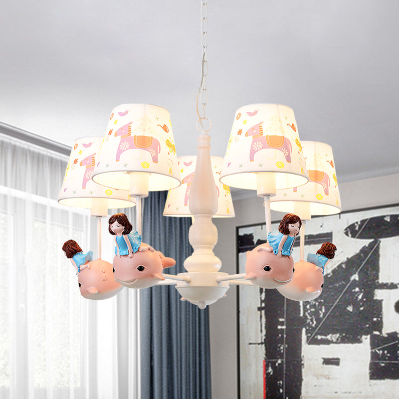 Barrel Hanging Chandelier Cartoon Fabric 5-Head White Finish Radial Pendant Light Kit with Carousel/Fish and Girl Deco