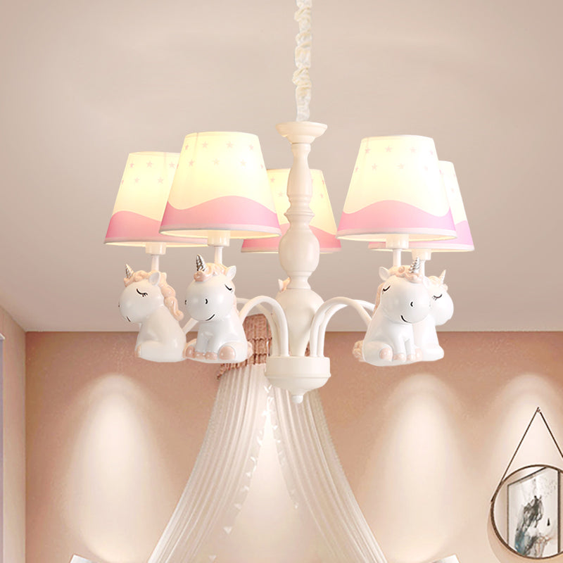 Pink/Blue Barrel Shade Chandelier Lighting Cartoon 5 Lights Fabric Pendulum Lamp with Unicorn Decor