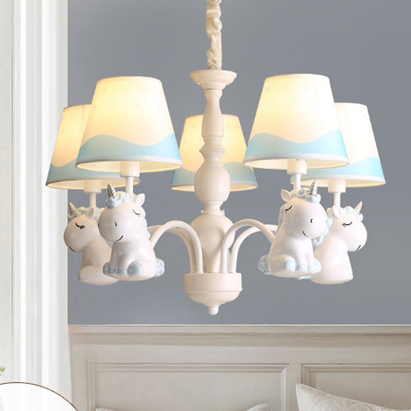 Pink/Blue Barrel Shade Chandelier Lighting Cartoon 5 Lights Fabric Pendulum Lamp with Unicorn Decor