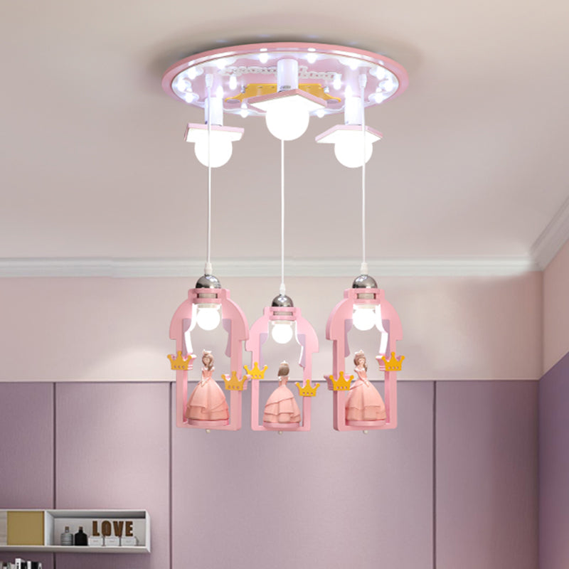 Luz de luz múltiple de techo múltiple tipo princesa de resina Cartoon 7 luces Lámpara colgante de acaba rosa
