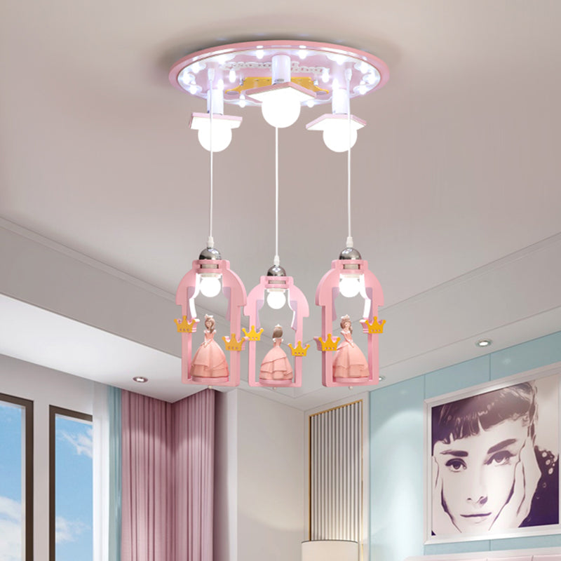 Resin Princess-Like Multi Ceiling Light Cartoon 7 Lights Pink Finish Hanging Pendant Lamp