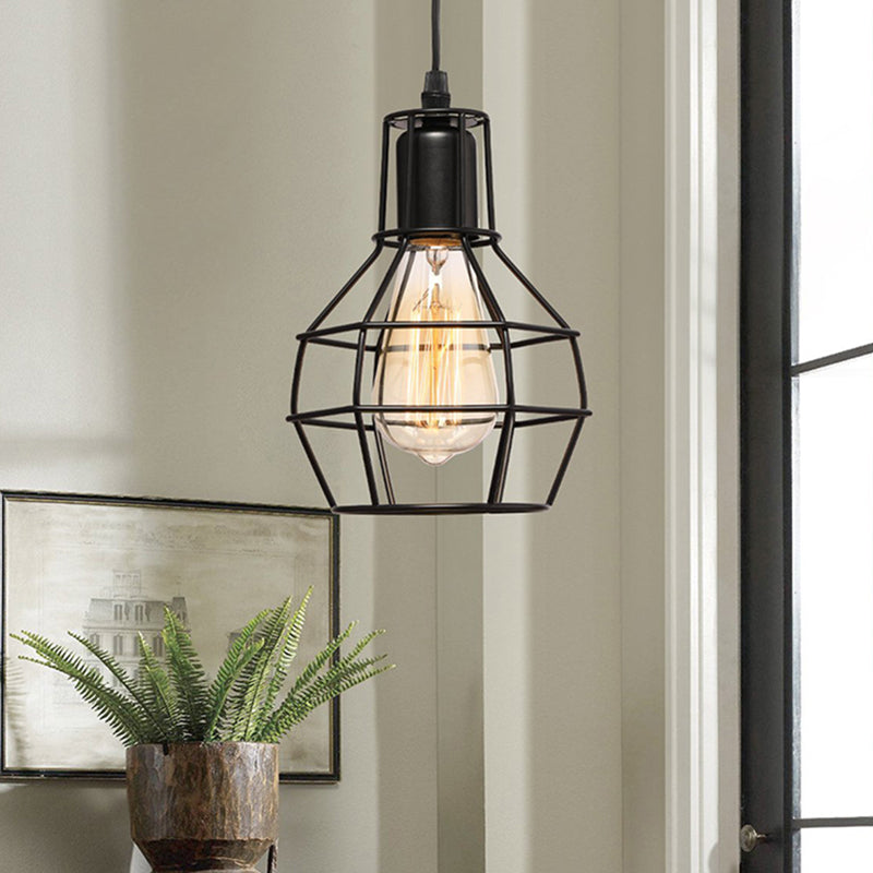 1 Bulb Plug In Suspension Light with Globe Cage Shade Retro Loft Black Metal Hanging Ceiling Light