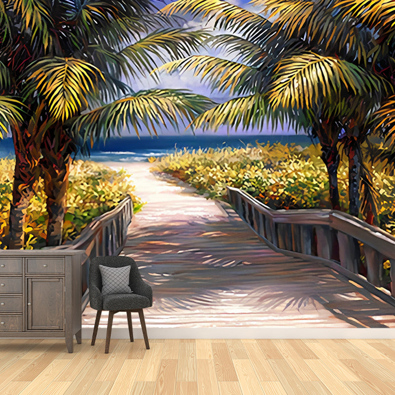 Tropical Mural Wallpaper Light Color Coconut Tree and Road Customized Wall Decor, Made to Measure