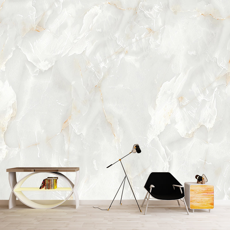Contemporary Marble Wall Covering in Yellow and White Bedroom Mural Wallpaper, Custom-Printed