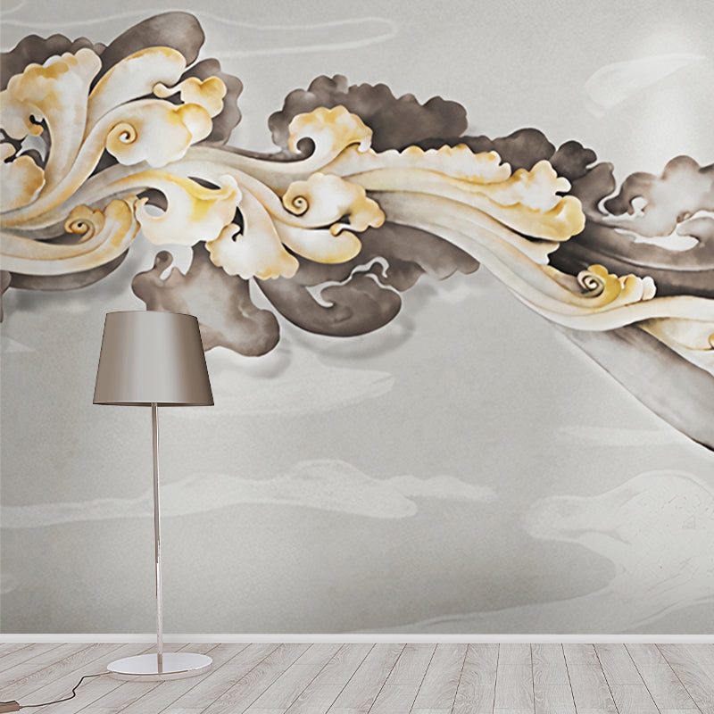 Giant Wall Mural Traditional Classic Cloud Wall Covering in Yellow and Grey