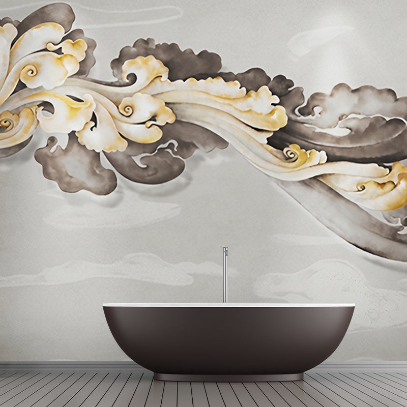 Giant Wall Mural Traditional Classic Cloud Wall Covering in Yellow and Grey