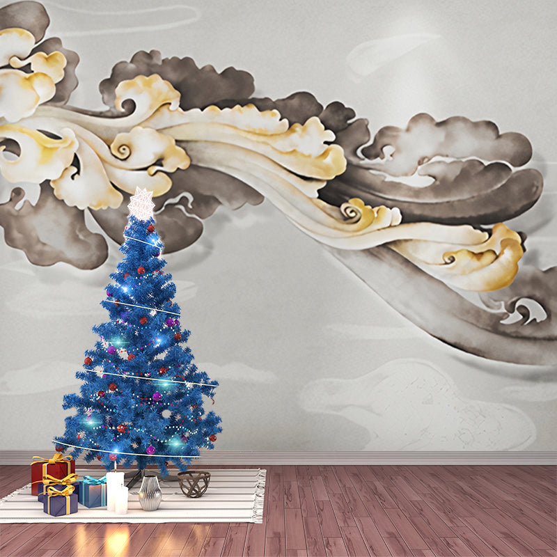 Giant Wall Mural Traditional Classic Cloud Wall Covering in Yellow and Grey