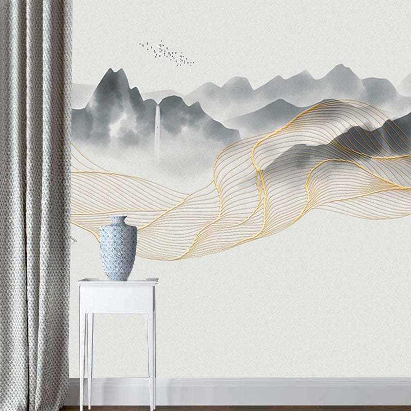 Yellow and Grey Mural Wallpaper Boat and River Stain-Resistant Wall Art for Guest Room