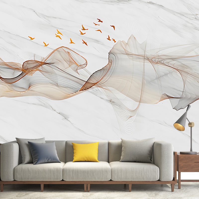 Illustration Style Mural Wallpaper Smoke and Bird Extra Large Dining Room Wall Art, Personalized Size Available