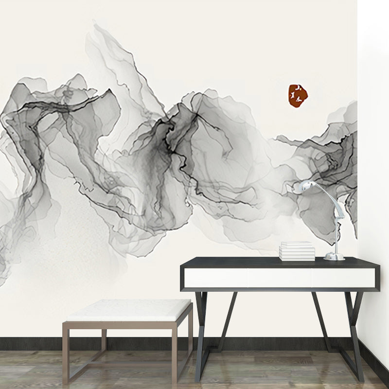 Traditional Wall Mural for Living Room with Grey Swirling Smoke Pattern, Made to Measure