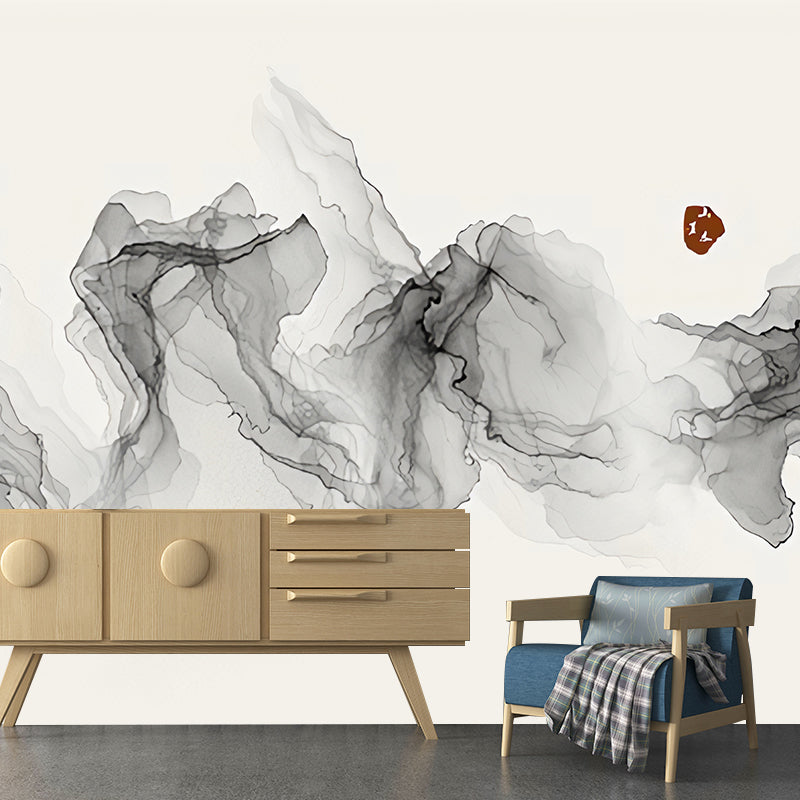 Traditional Wall Mural for Living Room with Grey Swirling Smoke Pattern, Made to Measure