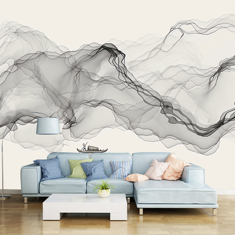 Irked Smoke Mural Wallpaper Black Chinese Traditional Wall Decor for Guest Room