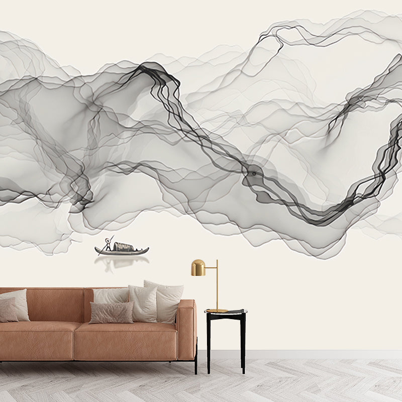 Irked Smoke Mural Wallpaper Black Chinese Traditional Wall Decor for Guest Room