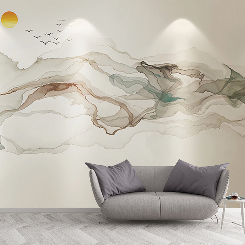 Big Illustration Sunrise Mural Wallpaper for Home Decoration in Grey and Blue, Customized Size Available