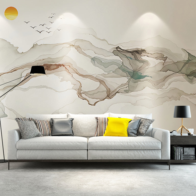 Big Illustration Sunrise Mural Wallpaper for Home Decoration in Grey and Blue, Customized Size Available