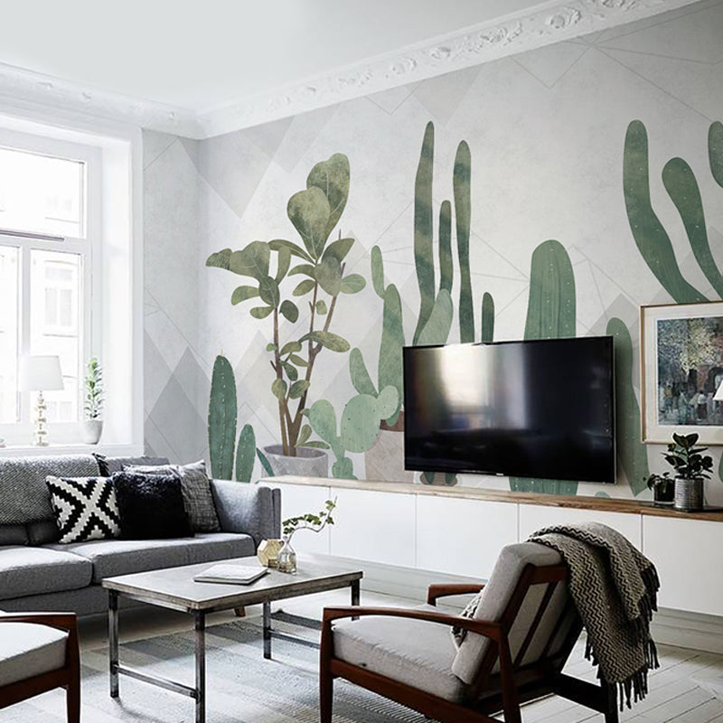 Fresh Cactus Wall Covering for Living Room in Pastel Green, Personalized Size Available