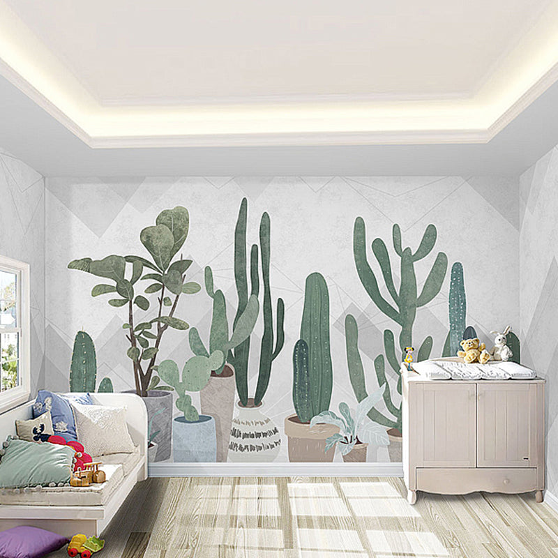 Fresh Cactus Wall Covering for Living Room in Pastel Green, Personalized Size Available
