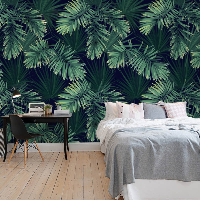 Extra Large Tropical Leaf Mural Wallpaper in Green Non-Woven Wall Decor for Bedroom, Custom-Printed