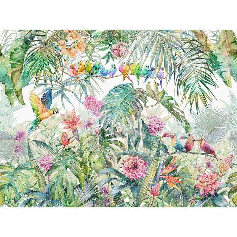 Whole Nordic Wall Art Soft Green Parrot and Jungle Mural, Customized Size Available