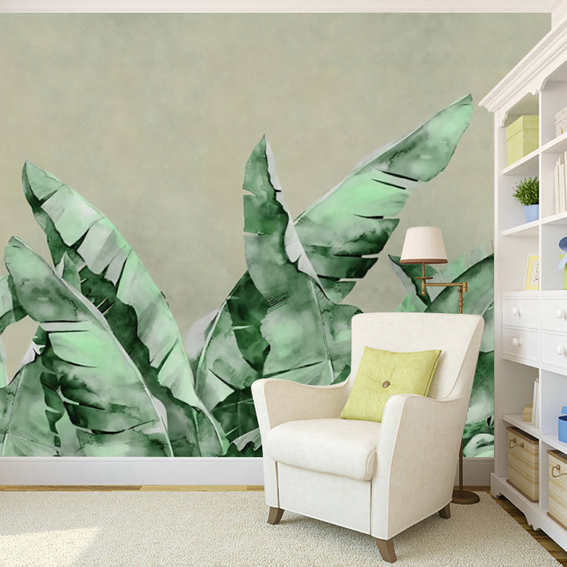 Green Contemporary Mural Wallpaper Full Size Banana Leaf Wall Decor for Commercial Use