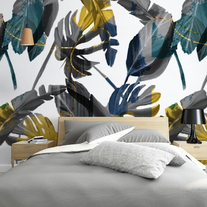 Grey and Yellow Wall Covering with Banana Leaf Pattern Stain-Resistant Mural for Gallery