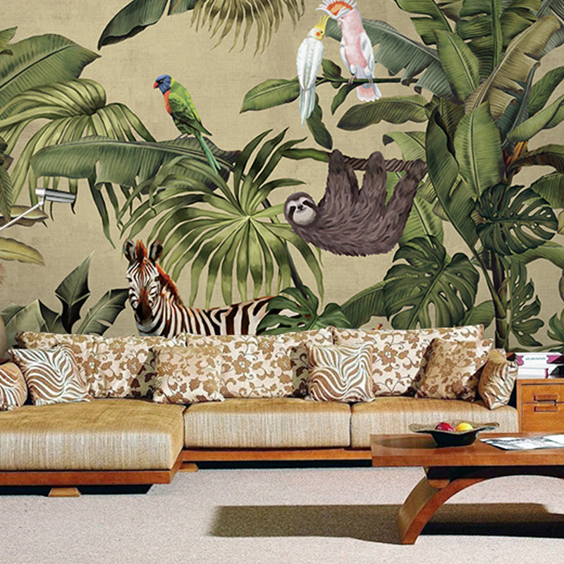 Large Wall Covering Green Forest and Animal Mural Wallpaper for Accent Wall, Non-Woven Material
