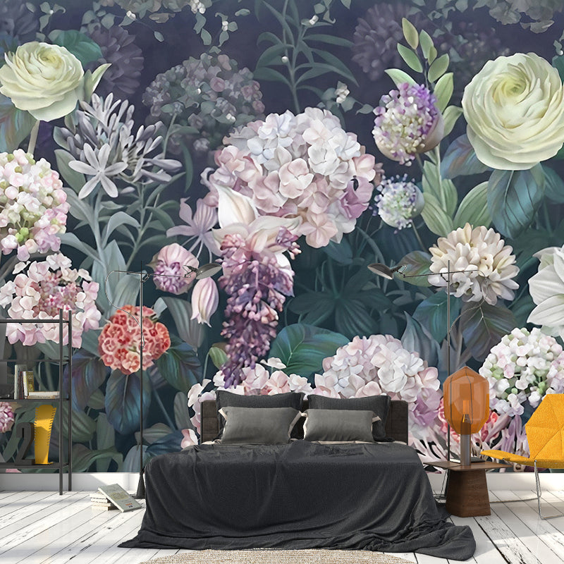 Extra Large Illustration Tropical Mural Wallpaper for Home Decor with Blossoming Flower Pattern in Soft Green