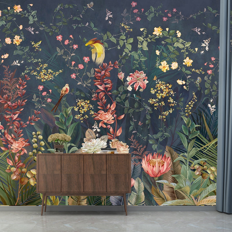 Big Wall Decor Dense Flower and Stem Mural Wallpaper for Accent Wall, Pastel Green, Custom-Made