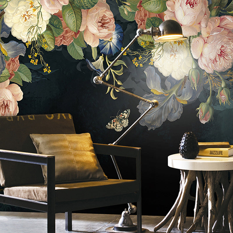 Non-Woven Fabric Mural Full Size Blackish Green Blossoming Rose Wall Decor, Personalized Size Available