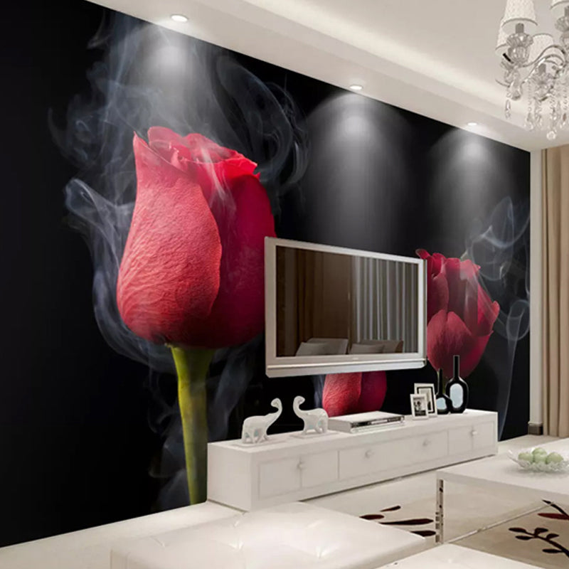 Red and Black Mural Wallpaper with Rose Bud Design Stain-Resistant Wall Art for Accent Wall