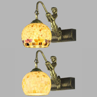 Globe Wall Mount Light Tiffany Beige/Beige-Red Shell 1 Head Bathroom Sconce Light Fixture with Mermaid Decoration