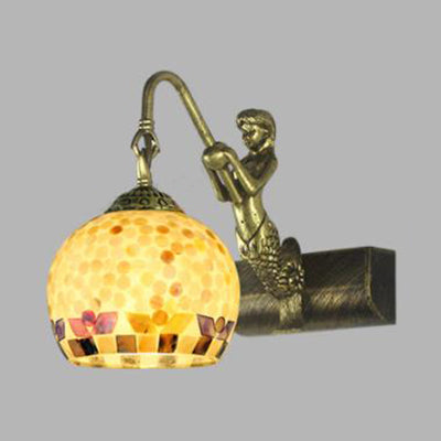 Globe Wall Mount Light Tiffany Beige/Beige-Red Shell 1 Head Bathroom Sconce Light Fixture with Mermaid Decoration