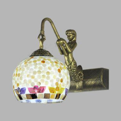 Globe Wall Mount Light Tiffany Beige/Beige-Red Shell 1 Head Bathroom Sconce Light Fixture with Mermaid Decoration