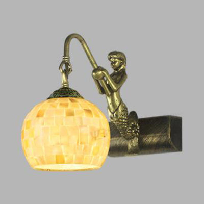 Globe Wall Mount Light Tiffany Beige/Beige-Red Shell 1 Head Bathroom Sconce Light Fixture with Mermaid Decoration