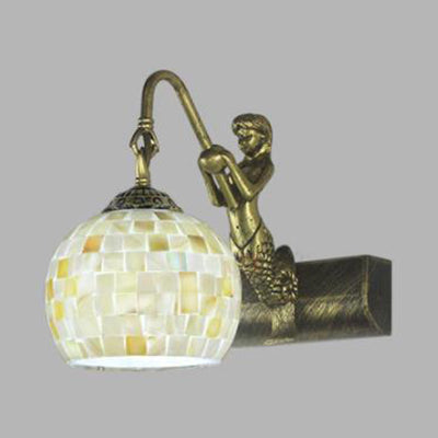 Globe Wall Mount Light Tiffany Beige/Beige-Red Shell 1 Head Bathroom Sconce Light Fixture with Mermaid Decoration