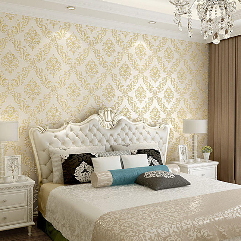 Stain-Resistant Wall Decor Non-Pasted 3D Print Damasque Non-Woven Wallpaper in Neutral Color