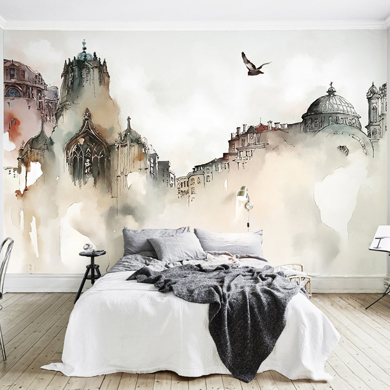 Giant Grey and White Murals Nordic Distressed Building and Flying Bird Wall Art for Bar, Non-Woven Material