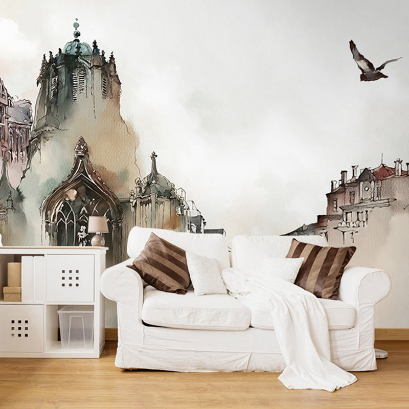 Giant Grey and White Murals Nordic Distressed Building and Flying Bird Wall Art for Bar, Non-Woven Material