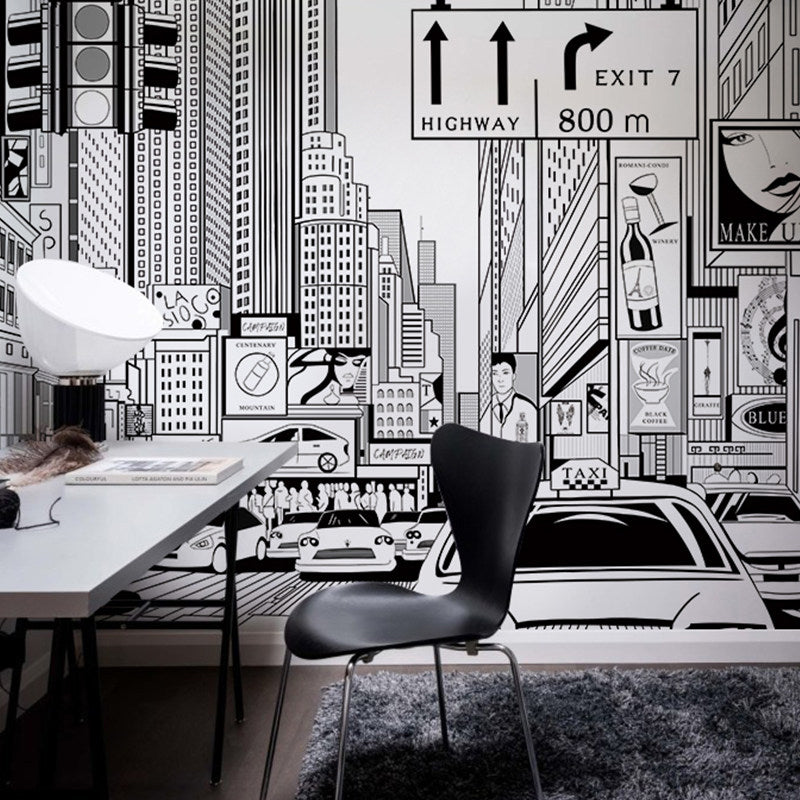 Illustration Style Mural Wallpaper Urban Crossroad and Street Custom Wall Art for Coffee Shop, Made to Measure