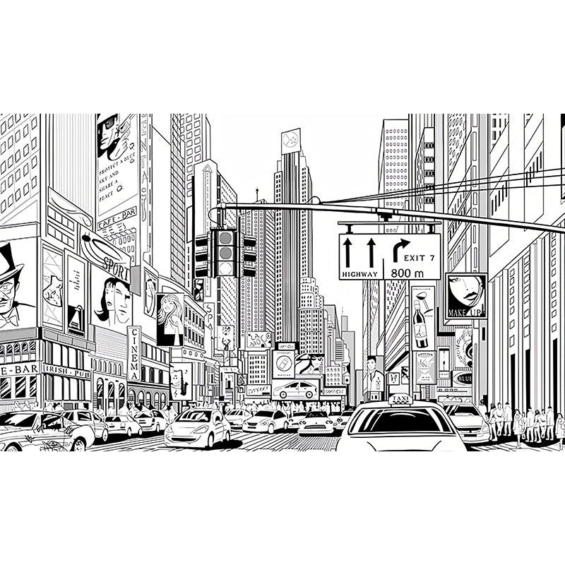 Illustration Style Mural Wallpaper Urban Crossroad and Street Custom Wall Art for Coffee Shop, Made to Measure